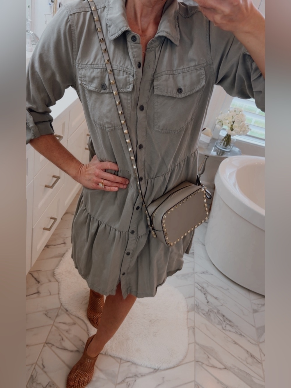 Black Tape comfy Green Shirt Dress adjustable sleeves S generous fit